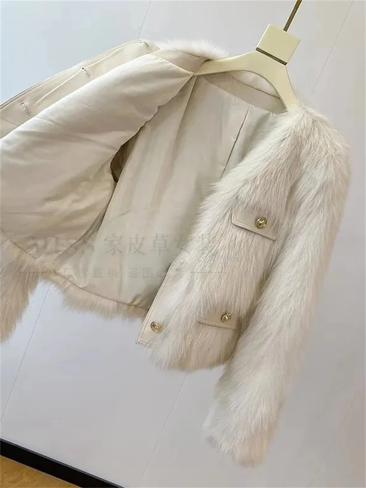 Korean Short Faux Fur Jackets Vintage Slim Imitate Fox Furs Coats Warm Fashion Fall Winter Outerwear Women Luxury Furry Chaqueta