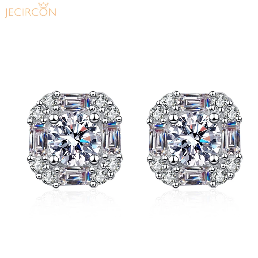 

JECIRCON Total 1.47 Carat Full Moissanite Earrings for Women 925 Sterling Silver Square Ear Studs pt950 Gold Plated Ear Jewelry