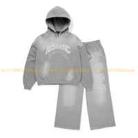 Ensemble sweat à capuche et pantalon gris délavé vintage, survêtement ample imprimé ARIRANG, streetwear décontracté pour le quotidien et le sport 1