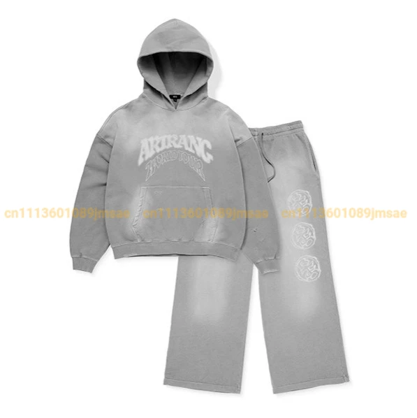 Ensemble sweat à capuche et pantalon gris délavé vintage, survêtement ample imprimé ARIRANG, streetwear décontracté pour le quotidien et le sport 1