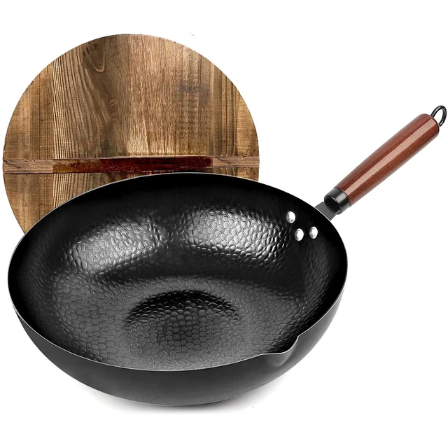 Wok In Acciaio Carbonio 30cm - Fondo Piatto Per Induzione - Manico Legno - Rivestimento Naturale Antiaderente