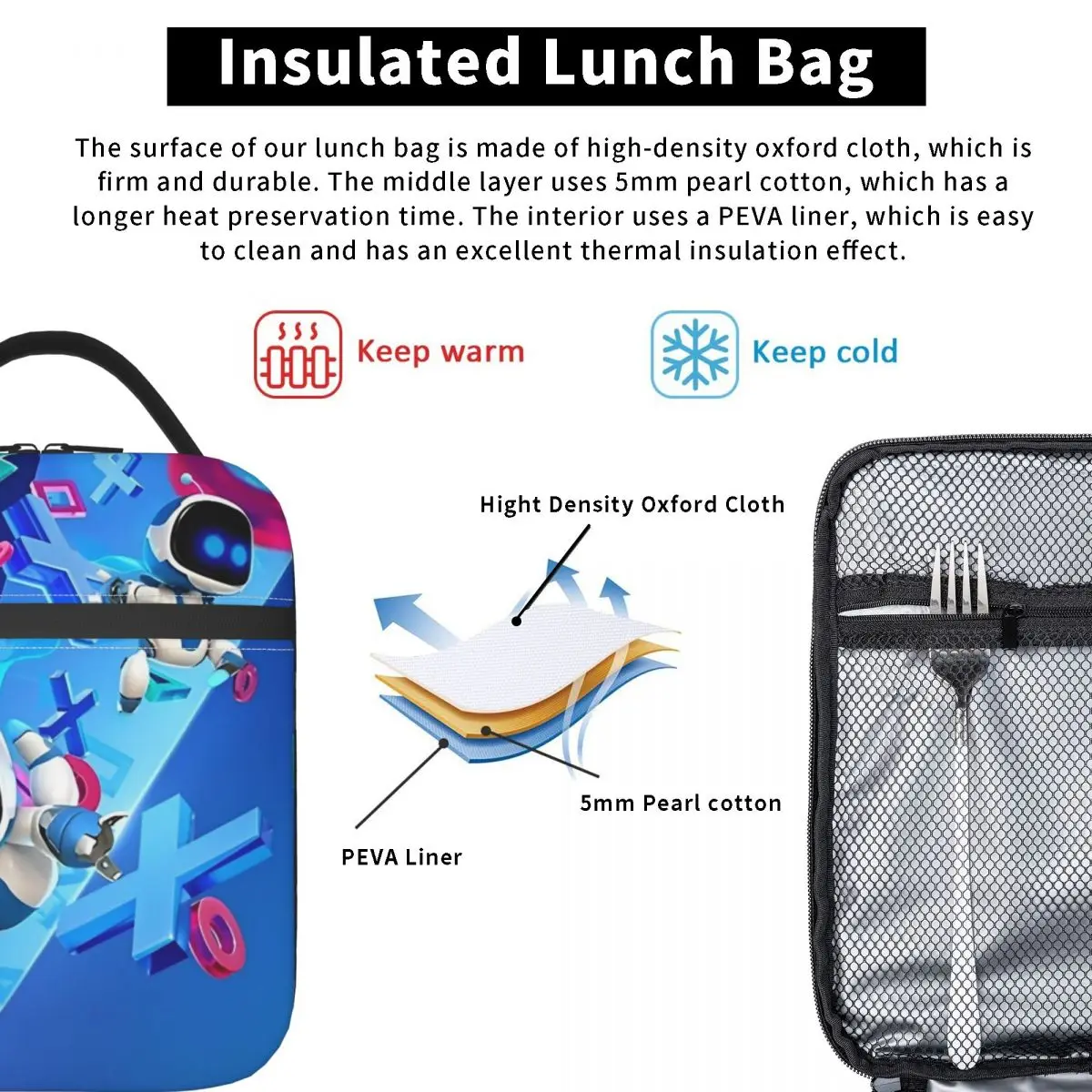 Astro Bot Insulated Lunch Bags Food Container Portable Cooler Thermal Lunch Boxes For Travel 6