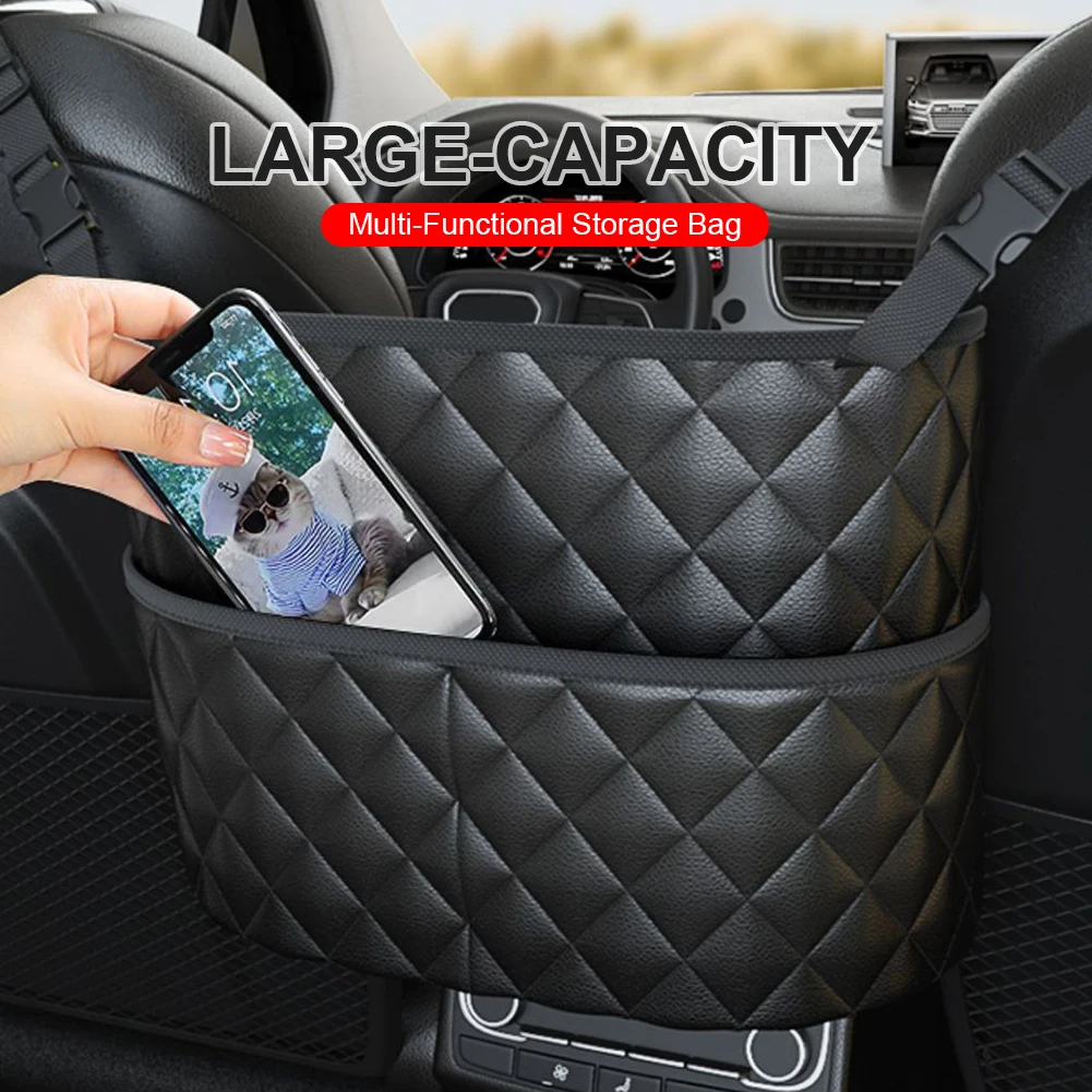 

Leather Car Seat Middle Hanger Storage Bag Luxury Auto Handbag Holder Between Seats Tissue Water Cup Pockets Stowing Tidying
