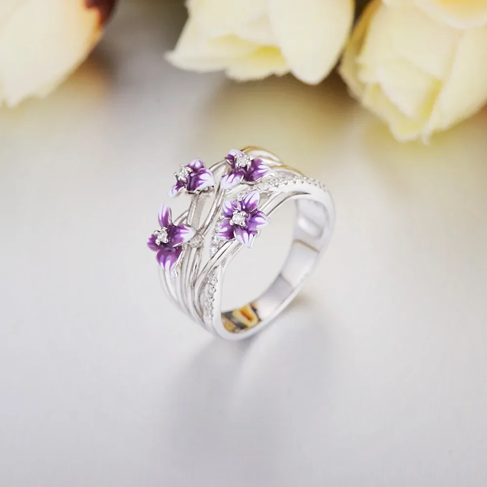 Silver Rings 925 Sterling Stackable Violet Drop Glue Ring Daisies Flower Zircon for Women Jewelry Gift