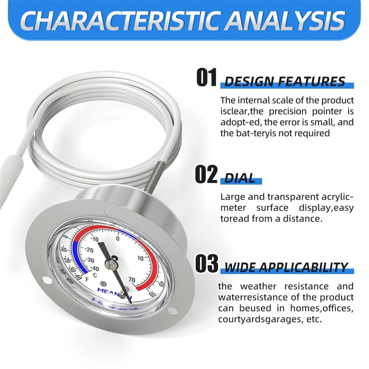 A04R-1 Pcs Vapor Capillary Refrigeration Thermometer,2 Inch Dial, 48 Inch Capillary Length,Accuracy 2%