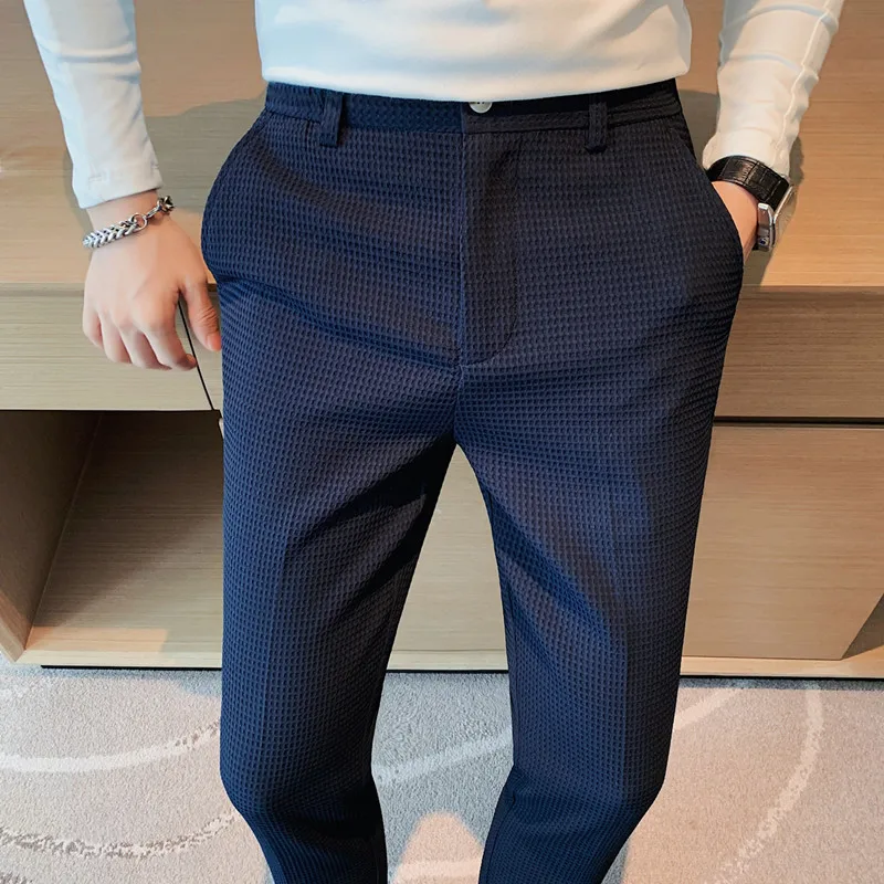 2024 Autumn New Waffle Stretch Waist Business Formal Pants Men Fashion Wedding Slim Trouser Mens Brand Social Party Suit Pants 3