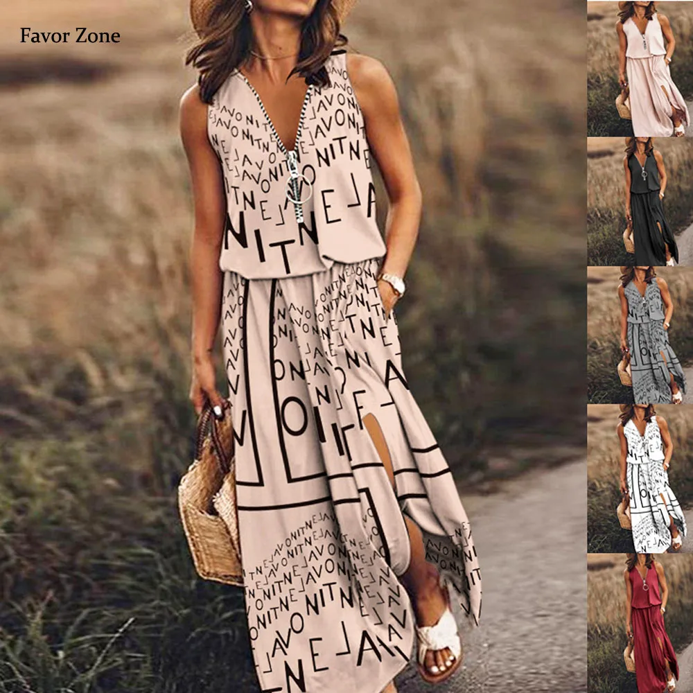 

Summer Casual Dresses 2023 Woman Letter Print Sleeveless Long Dress Women Sexy Split V-neck Zipper Slim Holiday Maxi Dresses