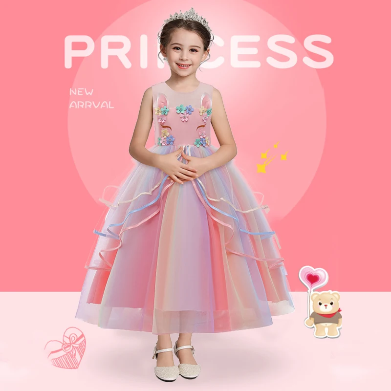 best baby dresses Christmas Girl Unicorn Rainbow Long Dress Flower Girl Wedding Party Princess Dress Lucky Baby Girls Birthday Dress Set 3-12 Year baby girl skirt