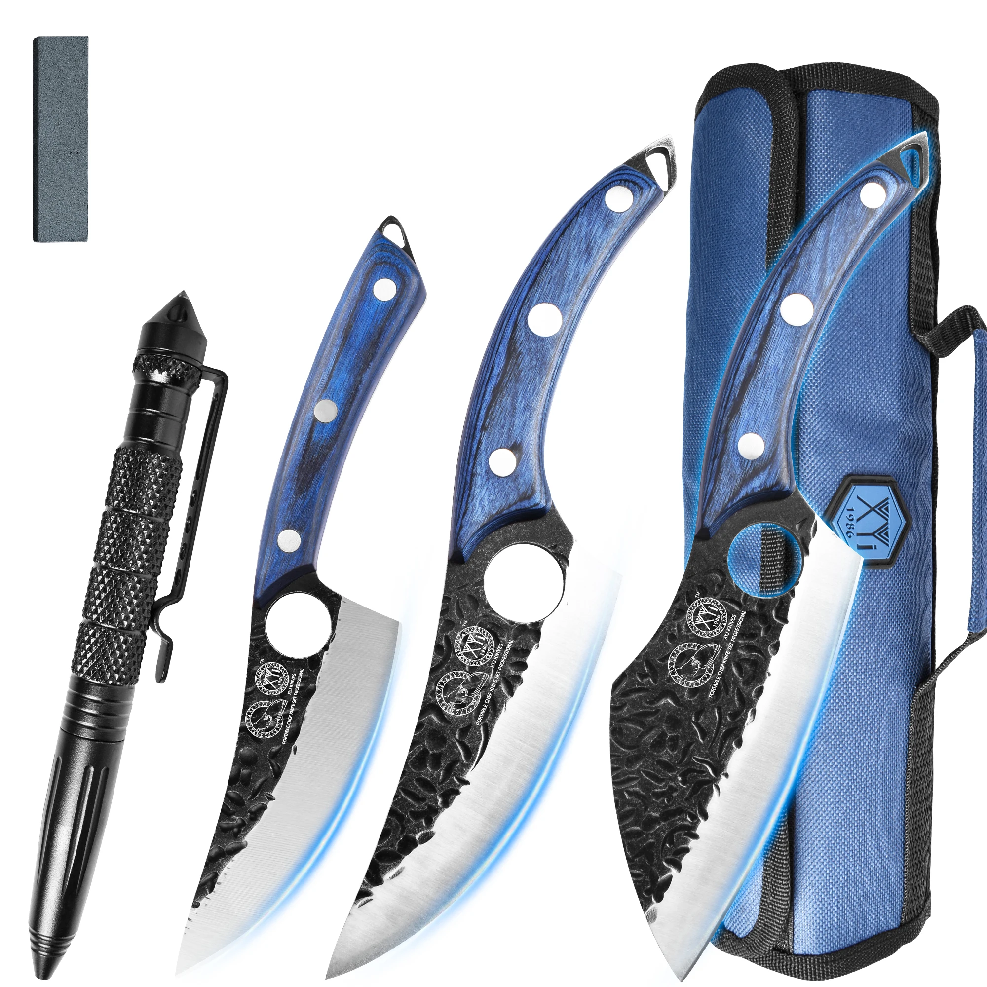 

XYj 3 Pieces Knife Set With Tactical Pen Roll Bag Portable Stainless Steel Knife Tools Set Kitchen Outdoor Camping Knives Gift
