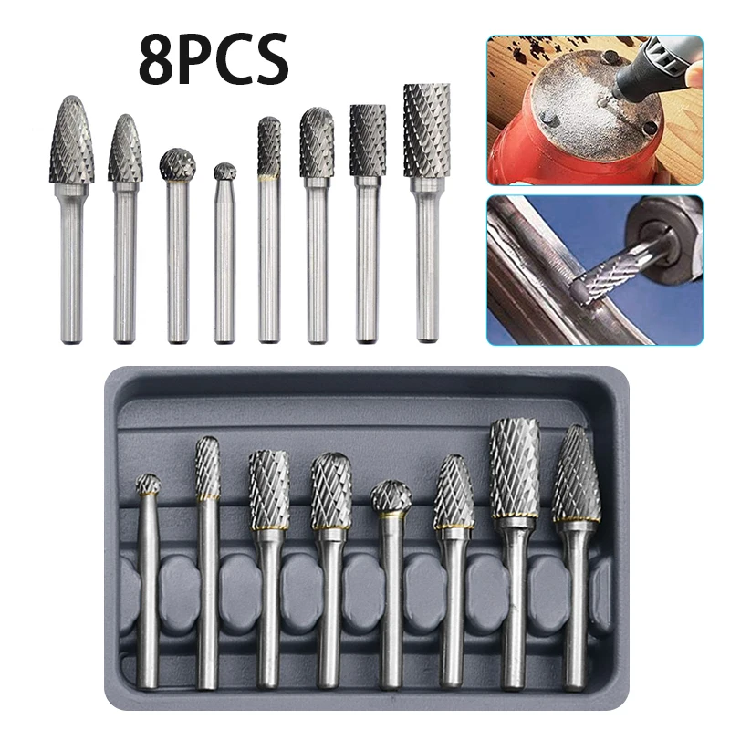 

8 Pcs/set 6mm-12mm Tungsten Carbide Burr Bit CNC Engraving 1/4" Double-slot Rotary File Cutter Tungsten Steel Grinding Head Tool