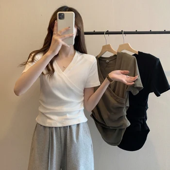 Elegant Cross V neck Slim T-shirt For Women Fashion Solid Slim Short Sleeve Tops Girly Summer Casual Versatile Pullover 6