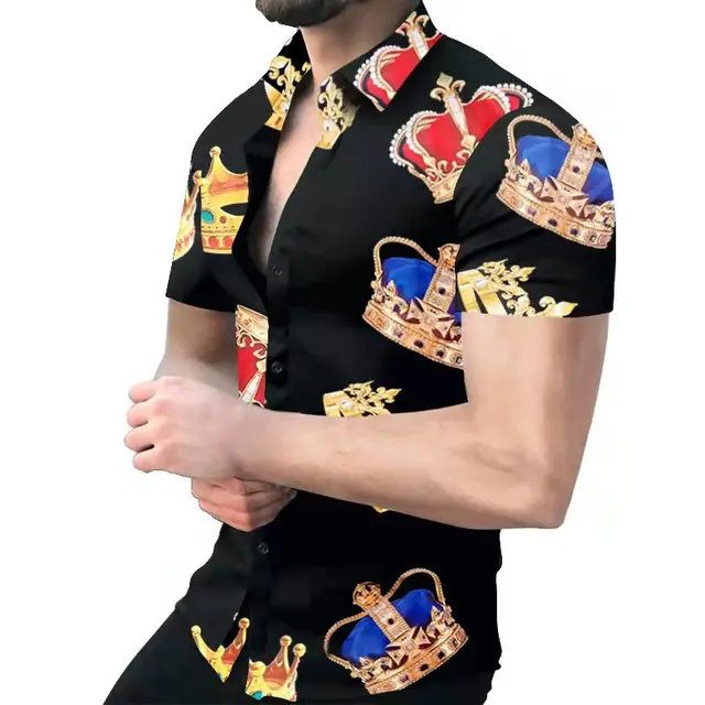 Summer New Men's Clothing European American Retro Trend Shirt Cardigan Single-Breasted Men's Short Sleeve Printing Shirt DCS-35 Black