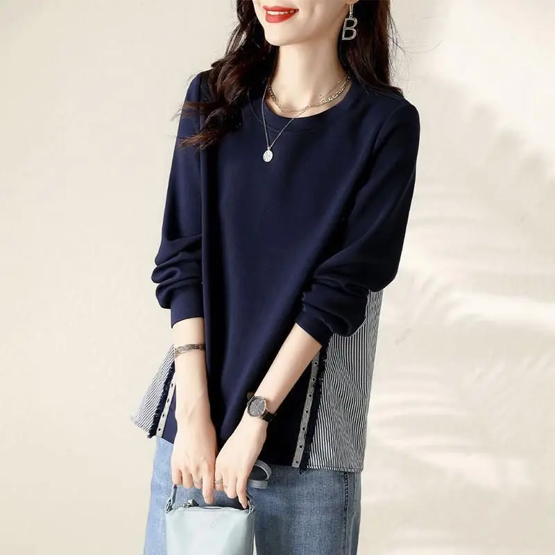 

Women's Sweatshirt Pullovers Baggy Top Loose Round Neck Striped Woman Clothing Xxl Essential Korean Fashion Y 2k Vintage Warm M