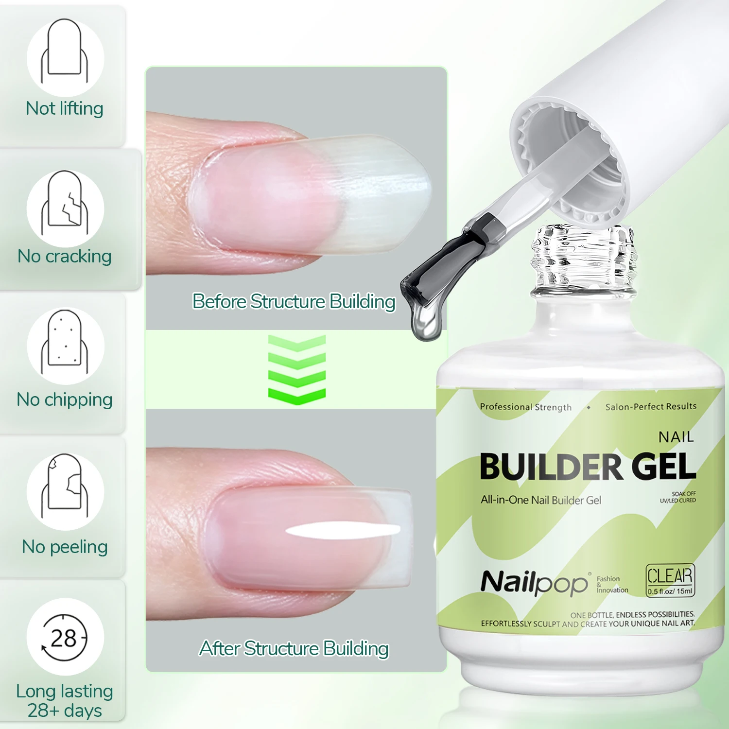 Nailpop 15ml Builder Gel: Enhanced Nail Strengthener & Extension Polish - Soak Off UV Gel Rhinestone Glue in 4 Vibrant Colors