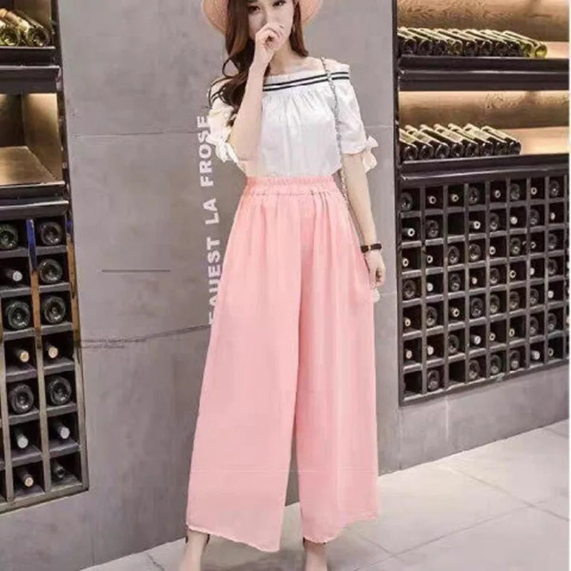 Double Layer Chiffon Wide Leg Pants for Women Summer New Elastic Waist Casual Thin Fairy Pants Loose Nine-point Pants