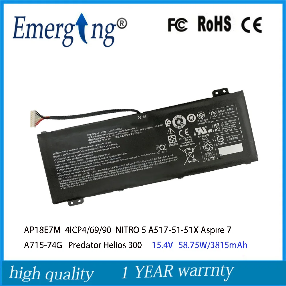Batteria Per Laptop 15.4V 58.75W Ap18E7M Per Acer Aspire 7 A715-74G Nitro 5 A517-51-51Xt Predator Helios 300 7 An715-51