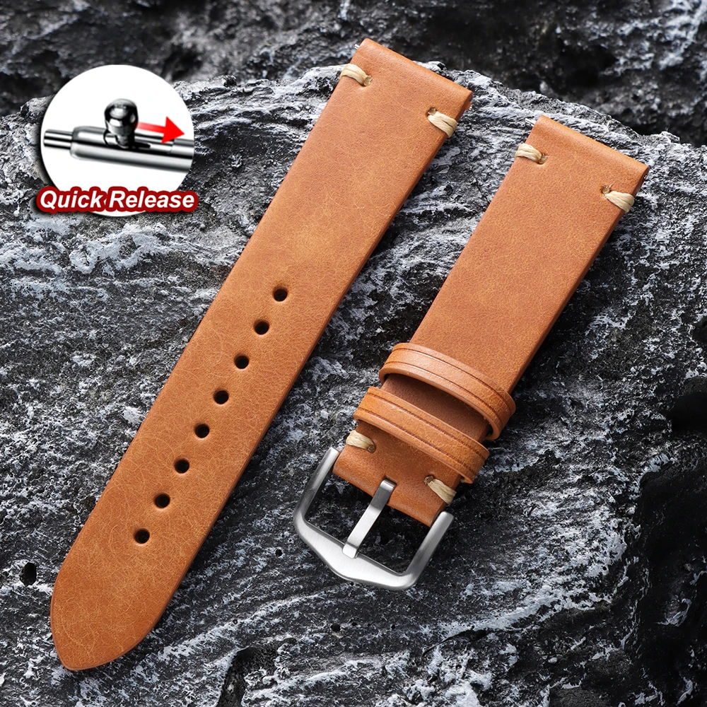 Vintage Retro Genuine Leather Watch Band - Quick Release Strap Bracelet Accessories