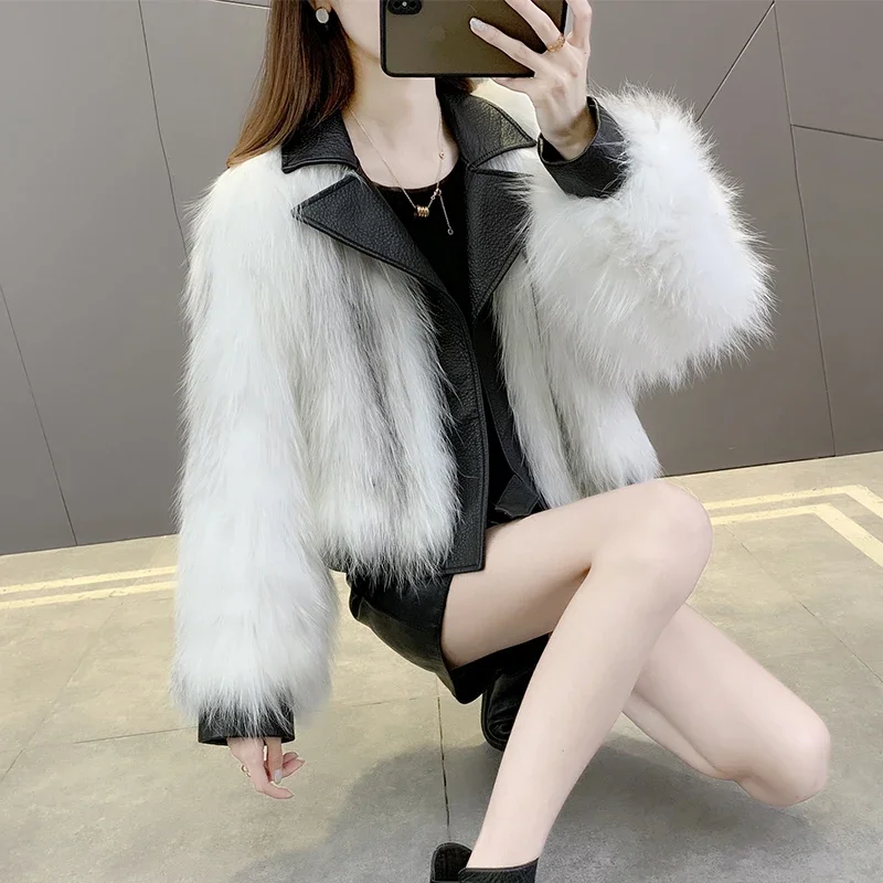 Short Fox Hair Woven Fur Coat for Women Cross Sheep Suit Collar Real Hair Lapel Jackets Knitted Thick Warm Slim Women's Clothes
