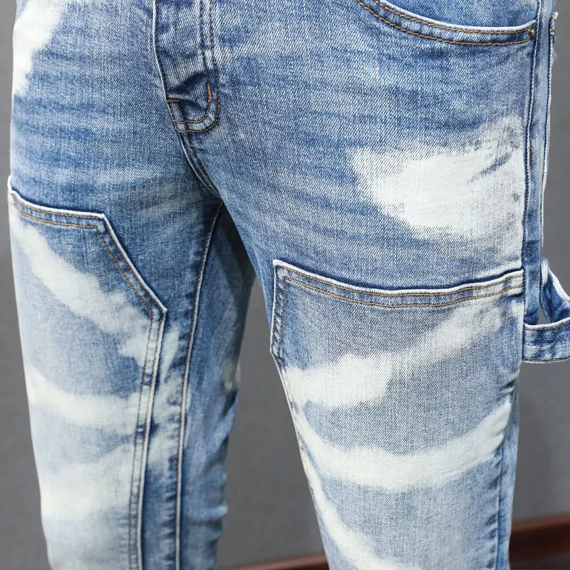 High Street Fashion Men Jeans Retro Blue Stretch Skinny Fit Hip Hop Jeans Men Multi Pockets Spliced Designer Brand Pants Hombre