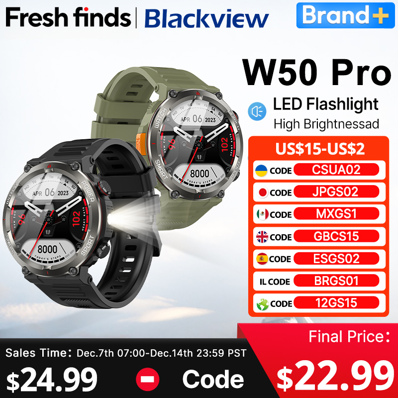 [World Premiere] Blackview W50 Pro Smartwatch 1.45" HD Display Flashlight Bluetooth Phone Call 960mAh Battery Rugged Smartwatch