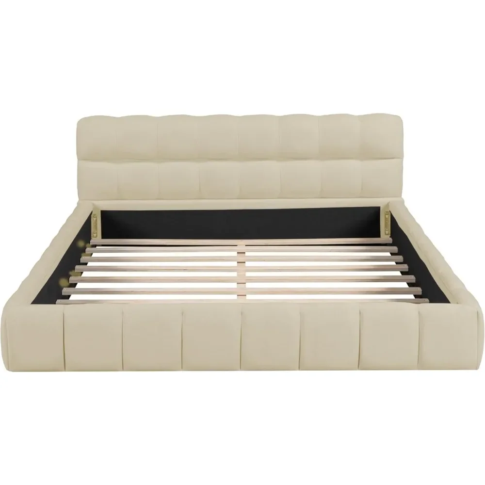 Modern Queen Upholstered Bed Frame No Box Spring Needed Beige Bedroom Furniture with Wingback, Linen Low Plattform Bed 5