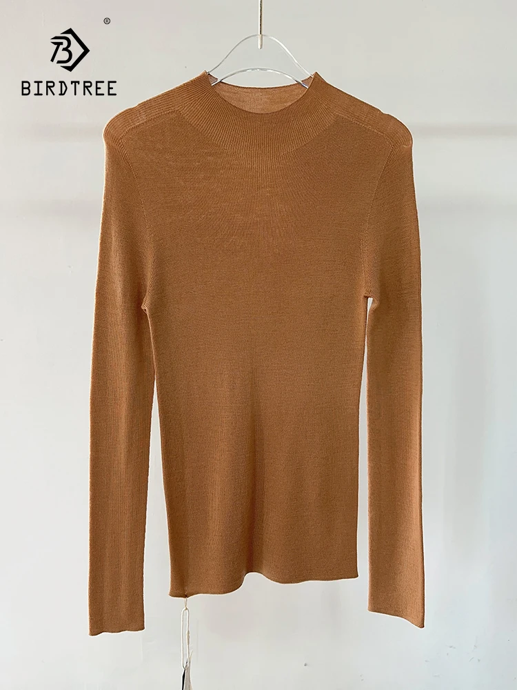 

Birdtree 100%Wool Seamless One Piece Sweater Half High Neck Elastic Slimming Bottom Knitted Sweater For Women Autumn T3D167QC