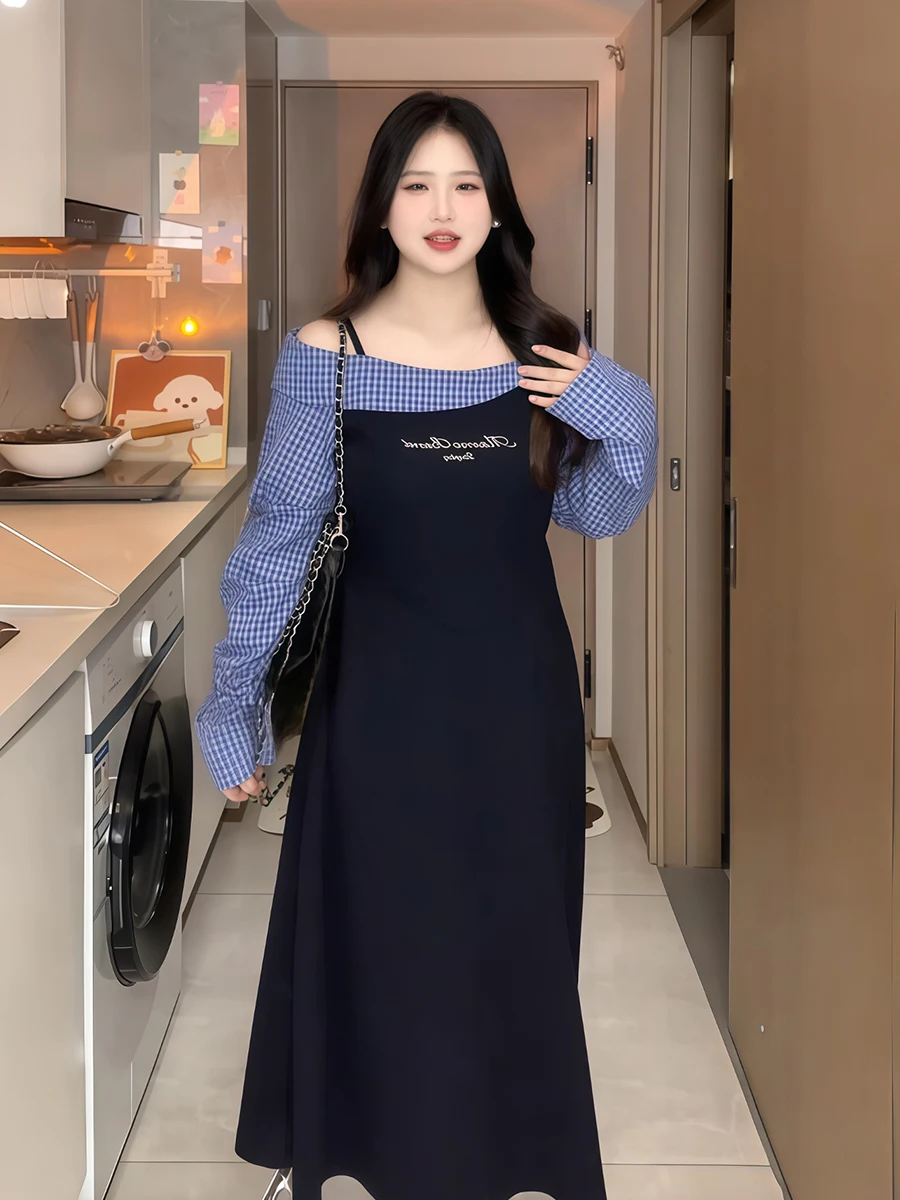 plus Size Korean Sle Plaid Patchwork Fake Two-Piece Dr Slimming Long Skirt for plus Size Women Spring Season High Waist
