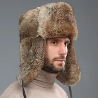 MZ3262 Men's Cap Warm Real Rabbit Fur Bomber Hat With Earflap Winter Russian Ushanka Hat Large Size Male Thick Ski Trapper Cap 3