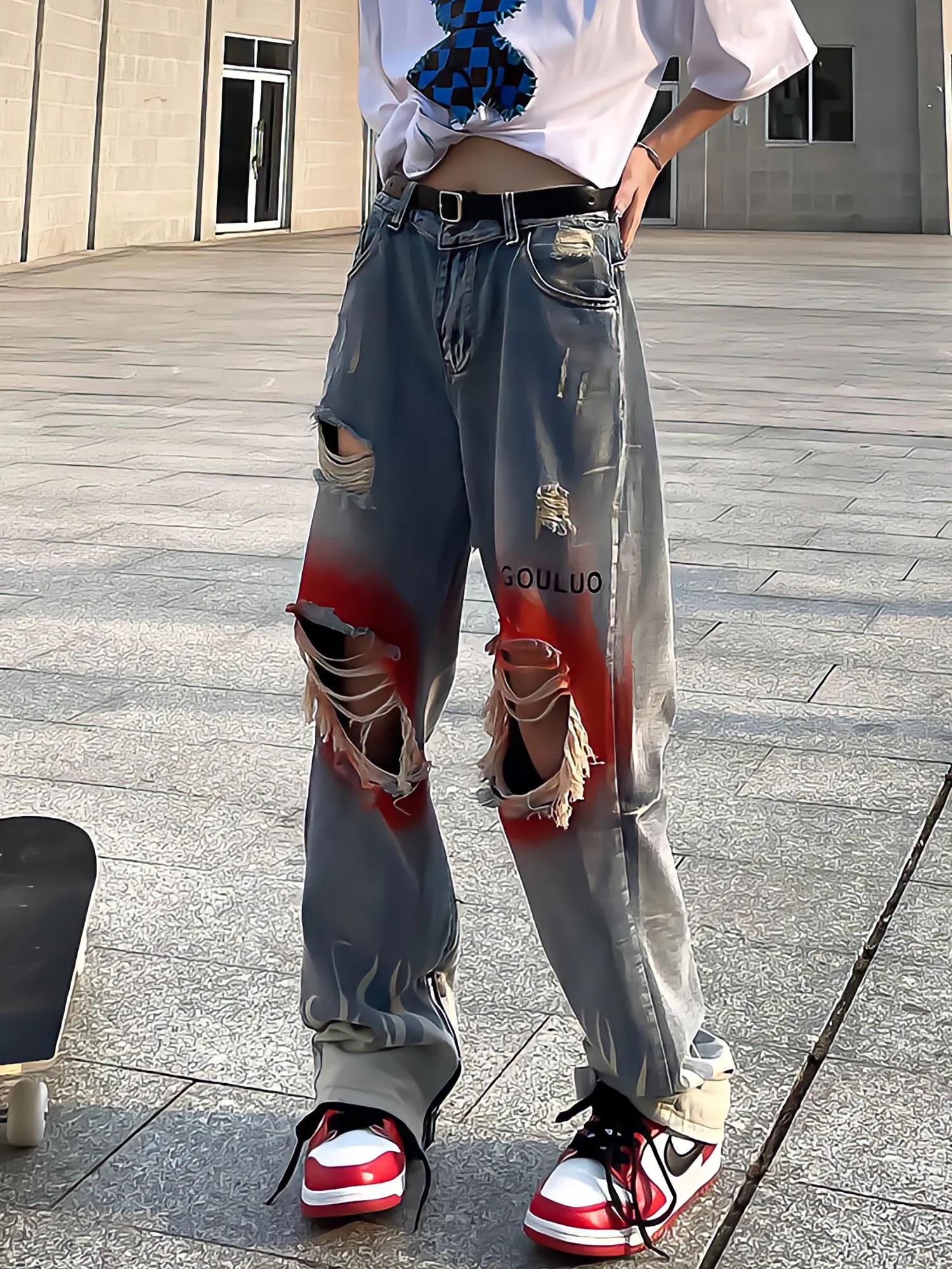 Retro Streetwearflame Print Jeans 2024 Y2k Blue Fashion Ripped Wide Leg Pants Hip Hop Gothic Harajuku High Waist Women Trousers