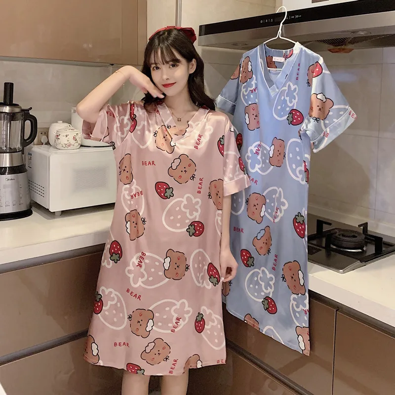 

Ice Silk Nightdress Women's Summer Thin Section Sexy 2022 New Pajamas Short-sleeved Cartoon Dress