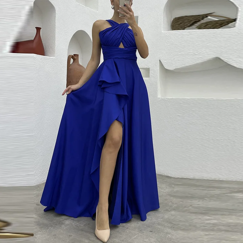 

Fashion Hollow Cross Straps Long Robe Women Elegant Solid Split Evening Gown Lady Classic Sexy Tie-up Slim Backless Party Dress