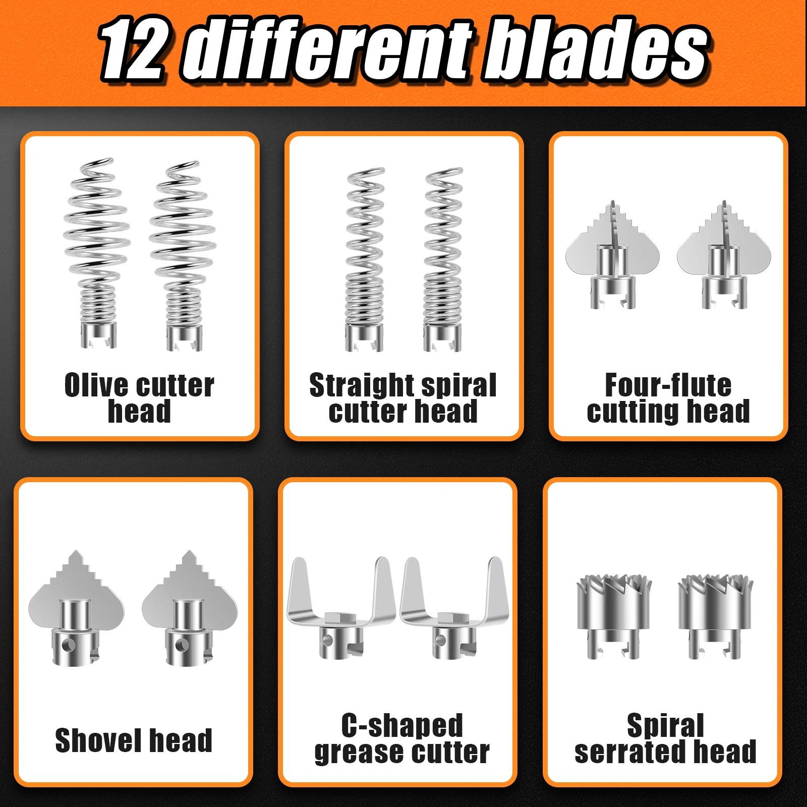 14Pcs Drain Cleaner Combination Cutter Head Set Manganese Steel Pipe Dredge Cutter Head Set Rustproof Spring Automatic Locking