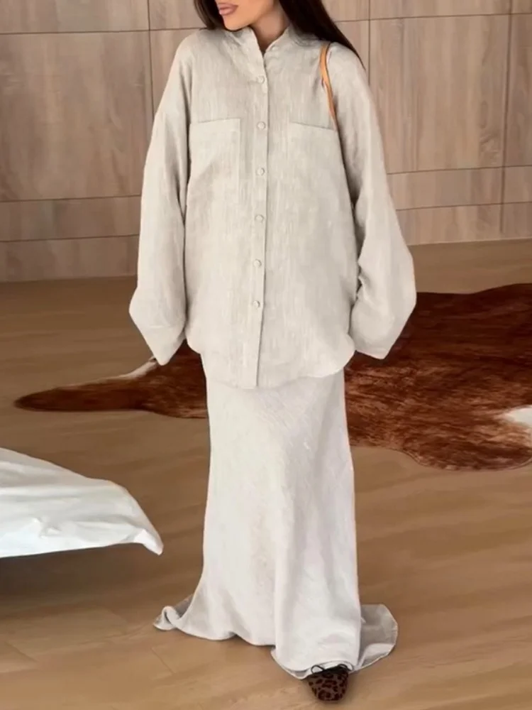 Wmstar Two Piece Set Women Wholesale 2025 Summer New Solid Color Loose Long Sleeved Shirt High Waisted Skirt Fashion Sets