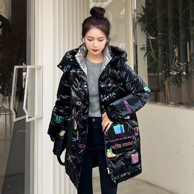 

Down Cotton Coat Womens Bright Face Wash Free 2022 Winter New Korean Loose Padded Jacket Female Large Size Hooded Long Parkas