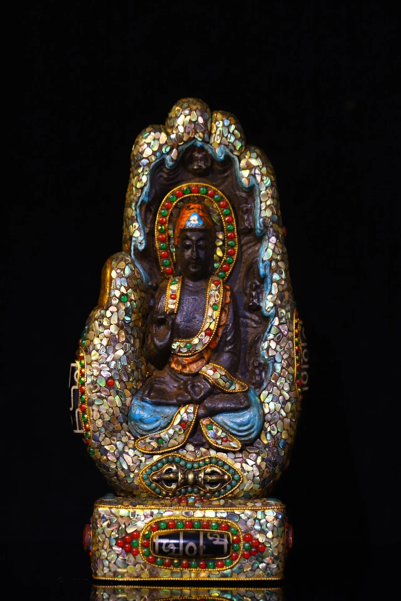 

10"Tibetan Temple Collection Old Meteorites Painted Mosaic Gem gZi Beads Shell Bergamot Guanyin Buddha Buddhist Niche Town house