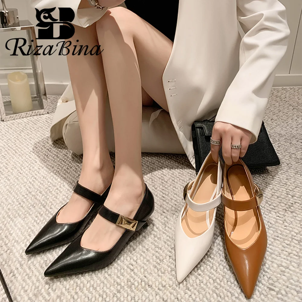 

RIZABINA Fashion Women Flats Genuine Leather Pointed Toe Thin Heel Pumps Ladies Elegant Buckle Office Casual Shoes Handmade 2024