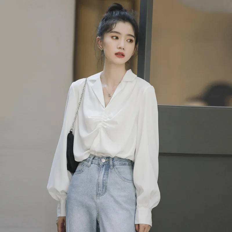 Restore ancient ways suit collar white shirt fold salt is a Korean fan k 'uan loose long-sleeved blouse female temperament 2023 korean fashion cropped blazer women two ways to wear short suits female long sleeve chic set stylish elegant grey blazers