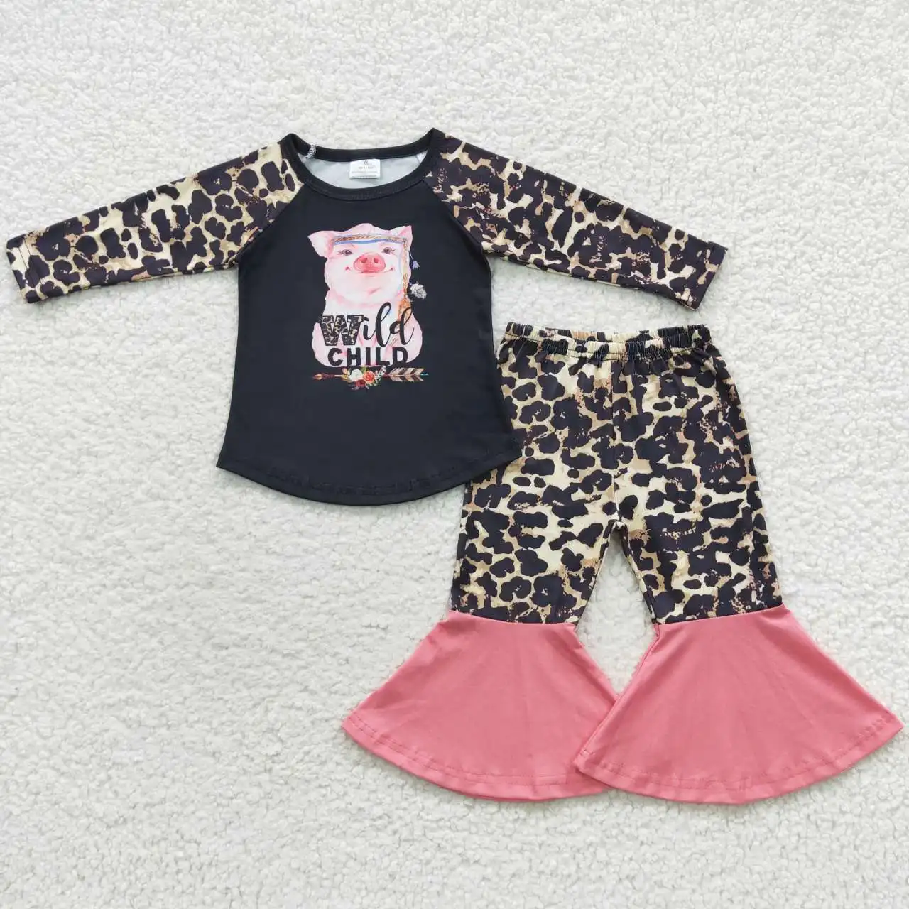 

H​ot Sale Wholesale Toddler Boutique Piggies Suits Girls Bell Bottom Sets Kids Leopard Clothes Outfit