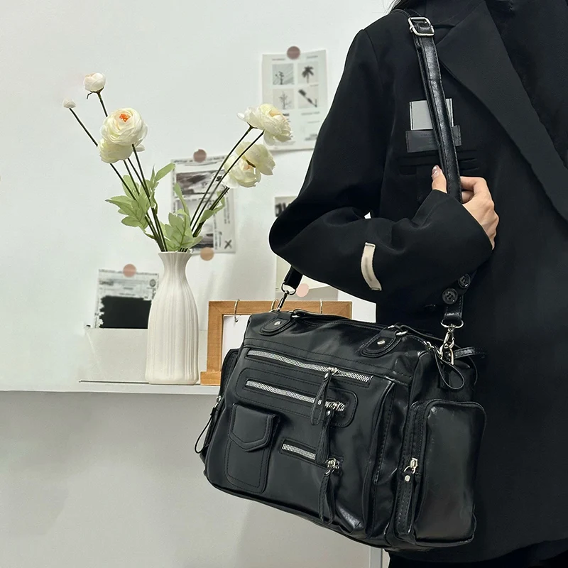 Retro Tote Bag PU Soft Motorcycle Bags Travel Zipper Pocket Fashion Crossbody Pack Outdoor Camping Hiking Weekend Satchel Women, storage bag, travel bags, leisure bag, canvas tote bag