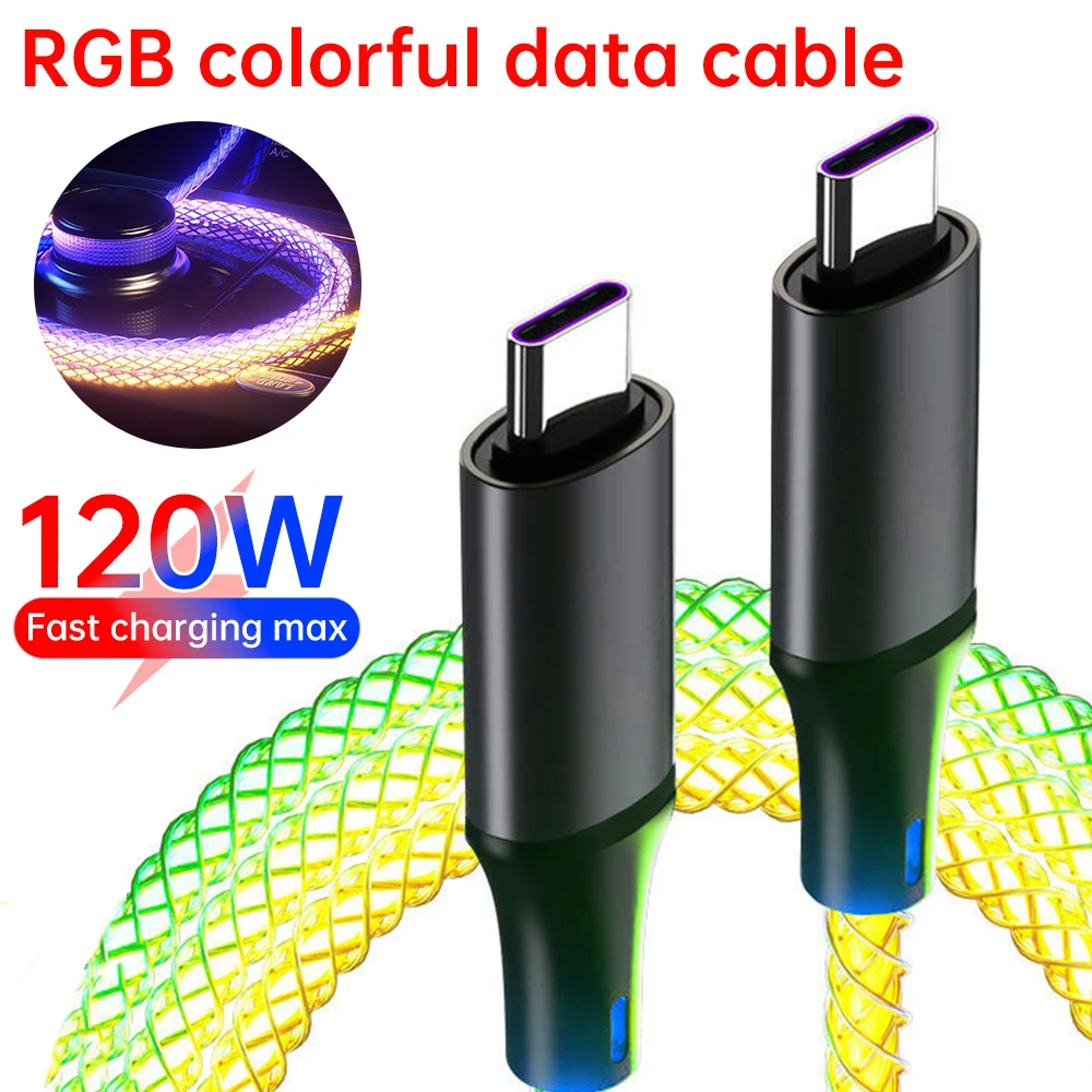 6A Fast Charging RGB Breathing Luminous Gradient Light Data Cable 66W TYPE-C Charger For iPhone 15 Pro Huawei Samsung Data Cable