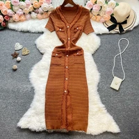 YuooMuoo Chic Fashion Sexy Package Hips Knitted Dress Women V-neck Single-breasted Bodycon Sweater Dress Office Lady Vestidos - Image 4