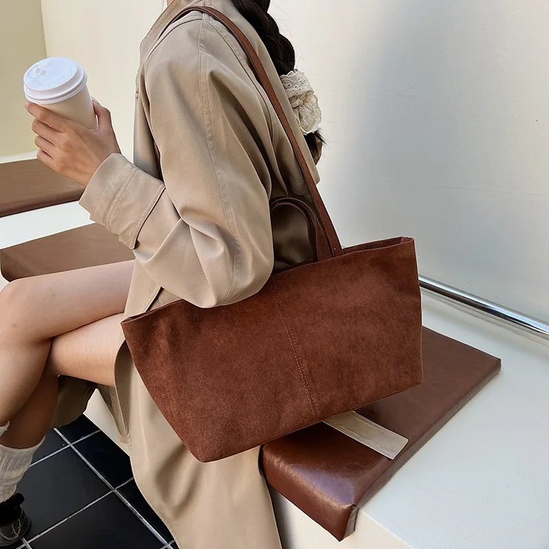 Faux Suede Versatile Handbag Solid Color Retro Tote Bag Large Capacity Vintage Shoulder Bag Work Commute Shopping Party Bag