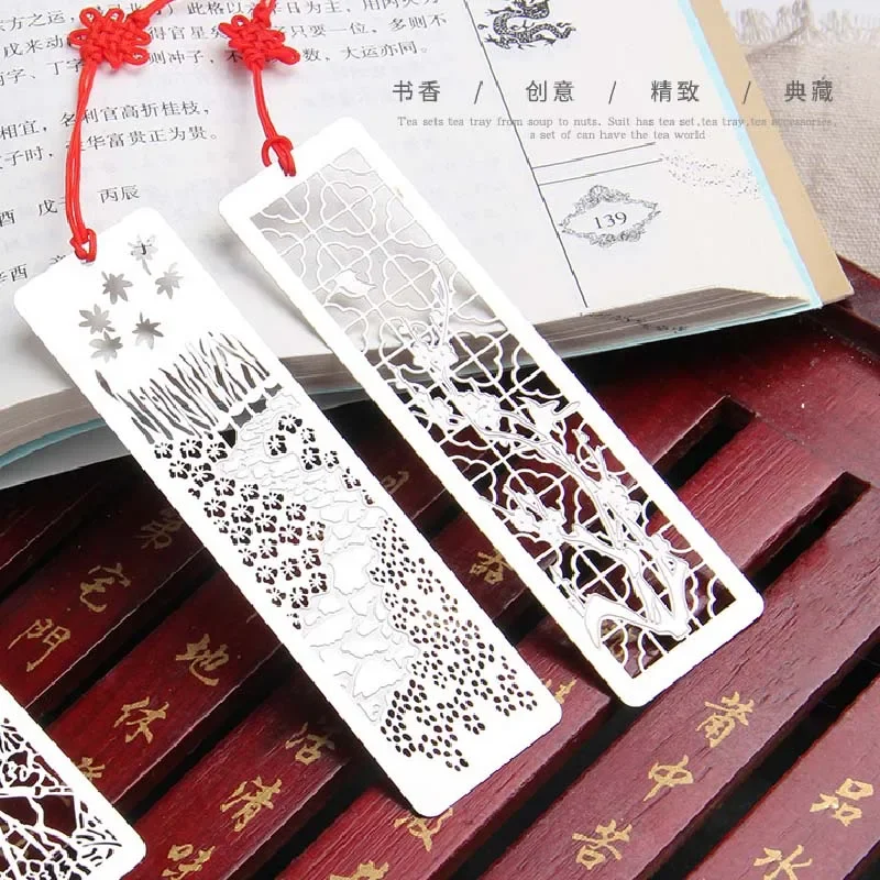 Metal Bookmark Chinese Style Creative Metal Hollow Out Book Mark with Red Knot for Kids Students School Supplies