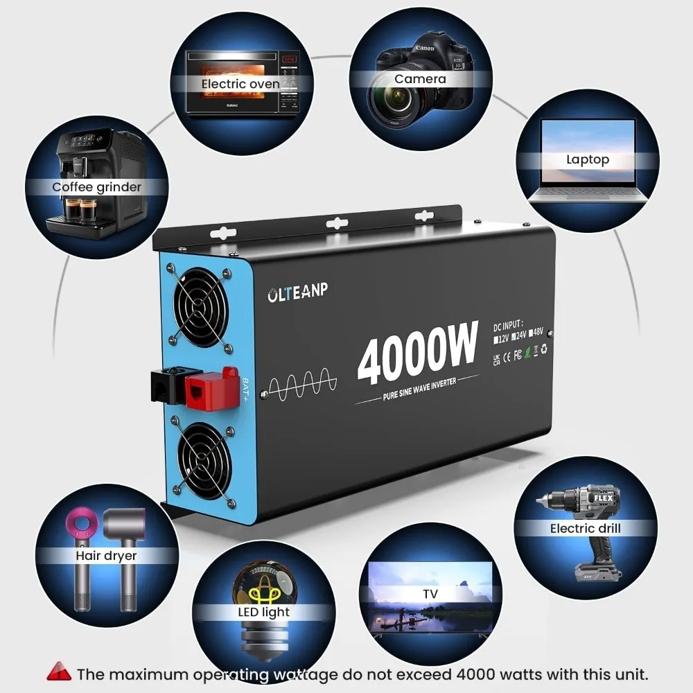 New 24V 4000 Watts Pure Sine Wave Inverter, 24V DC to 110V AC Power Inverter with 4 AC Outlets, USB Port, Type-C Port for Truck 5
