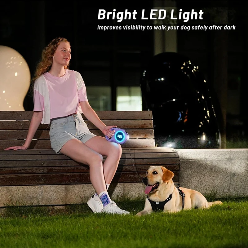 

Retractable Dog Leash With Rechargeable LED Light - 16 Ft Strong Nylon Tape For Night Walks Up To 88Lbs Pet