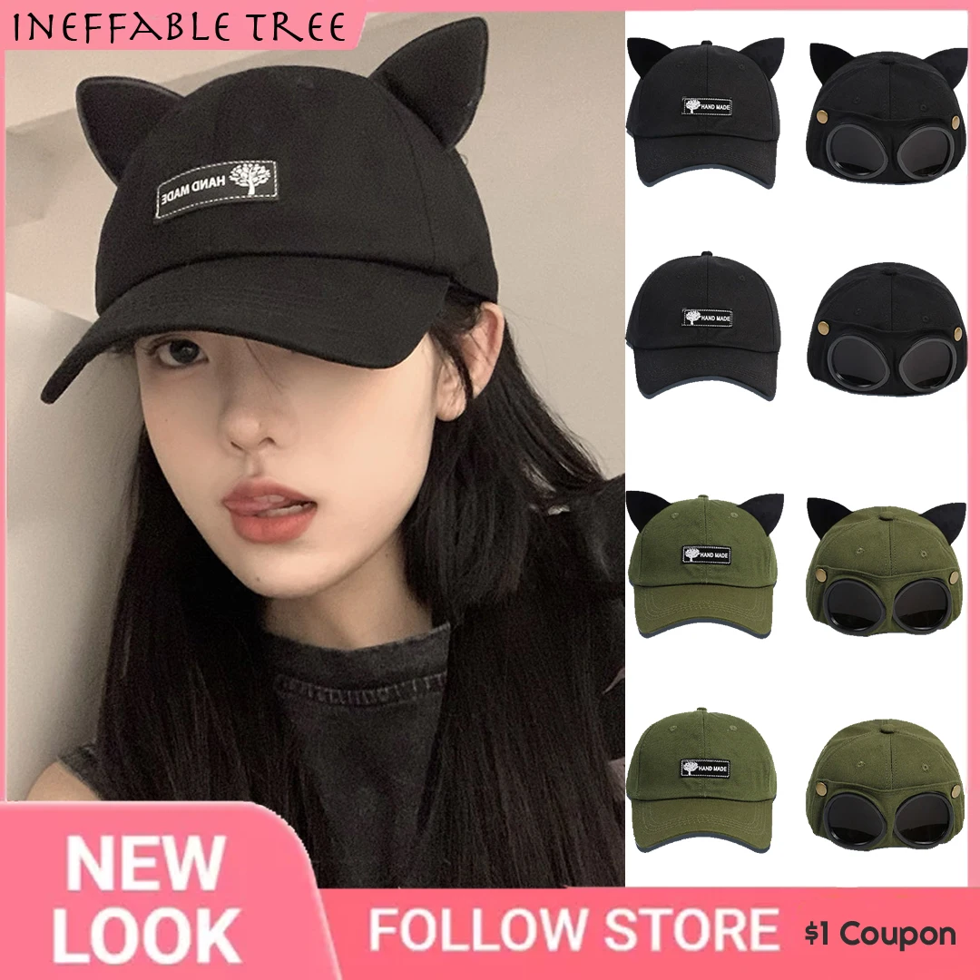 

2022 Y2K Baseball Cap Cute With Cat Ears Pilot Glasses Man Beanie Spring Autumn Sunglasses Women Hat Student Outdoor Aldult