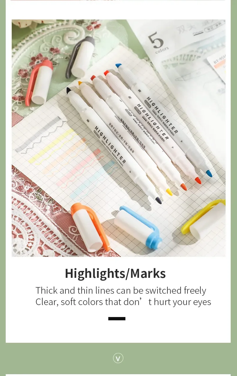 JIANWU 5 Pcs/set Morandi Macaron Color Double-ended Highlighter Set Write Smoothly Creative DIY Student Supplies Stationery