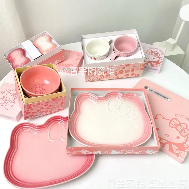 

Sanrio Hello Kitty Ceramic Dinner Plate Tableware Bow Tie Shaped Dinner Plate Rice Bowl Cups And Saucers Set To Friend Send Gift