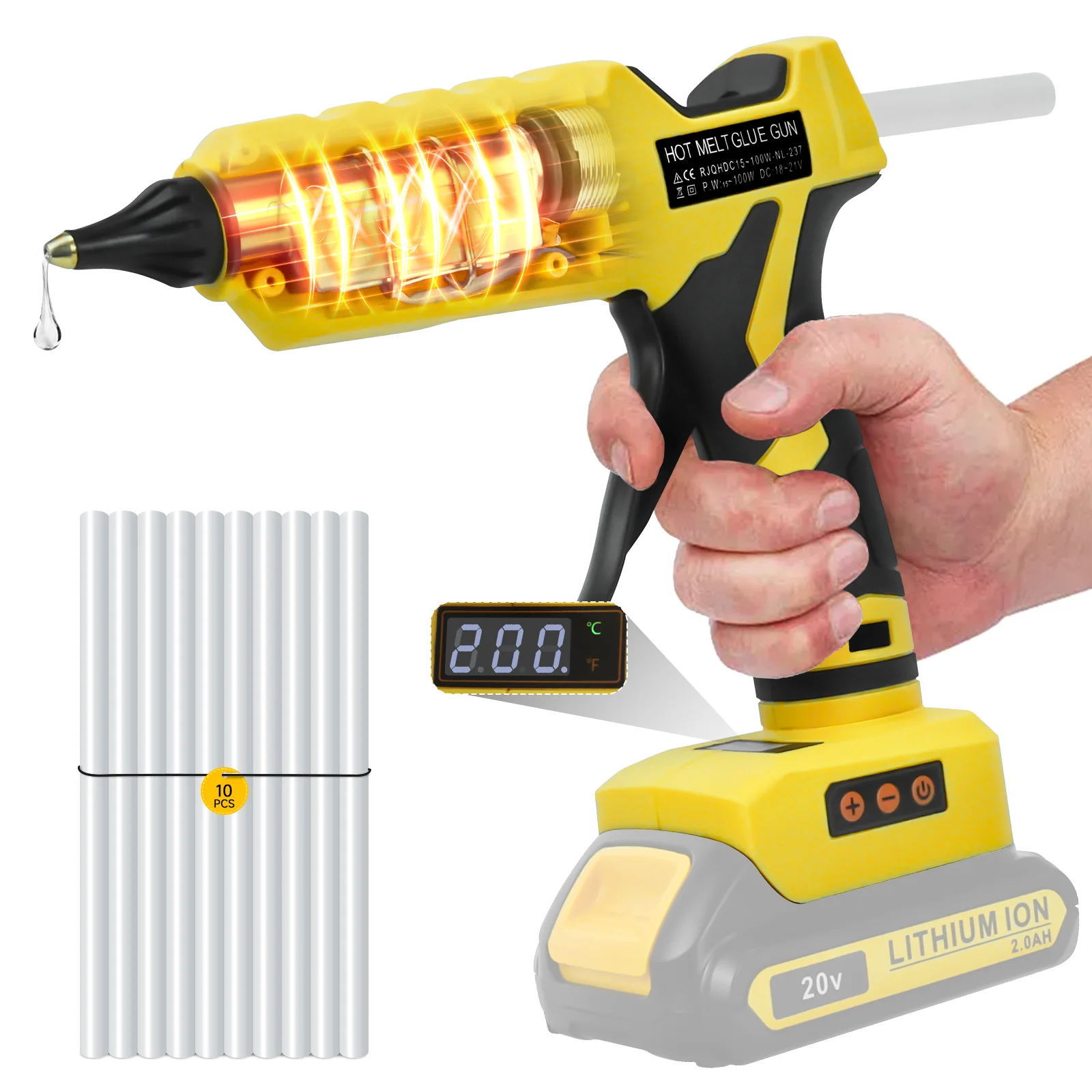 100W Cordless Hot Glue Gun 100&deg;C-200&deg;C Temp Adjust LCD Digital Display with 10Pcs 11mm Glue Sticks for Dewalt 20V Battery hot melt glue gun hot glue gun cordless glue gun