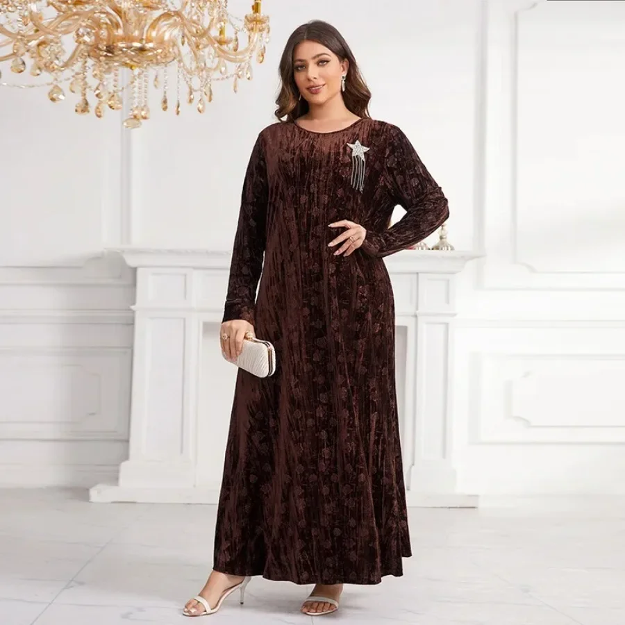 Abayas for Women Dubai 2024 Fashion Muslim Women Long Sleeve O-neck Velvet Plus Size Long Maxi Dress Muslim Fashion Abaya